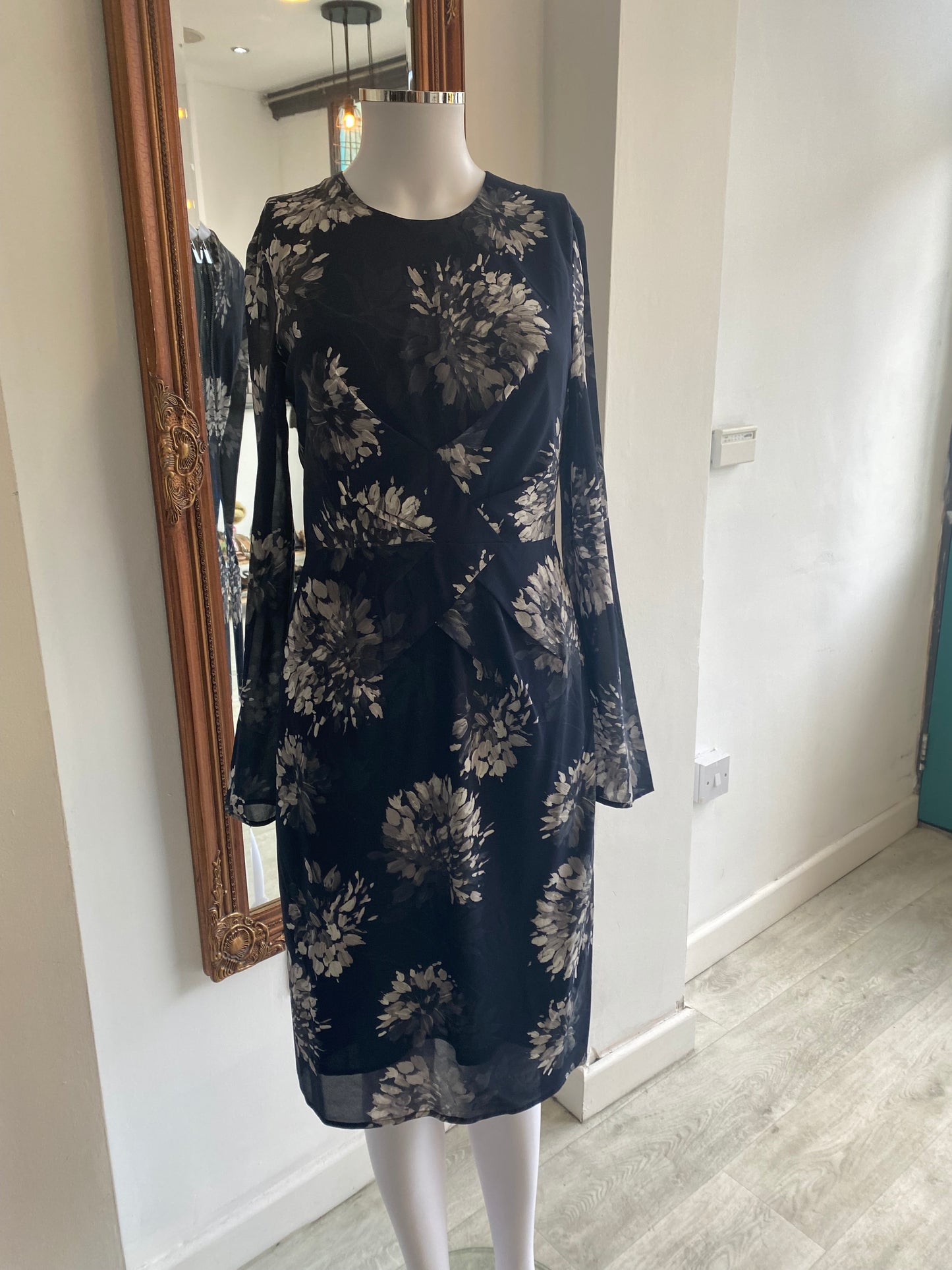 Whistles Navy Silk Dress with Floral Print Size 10