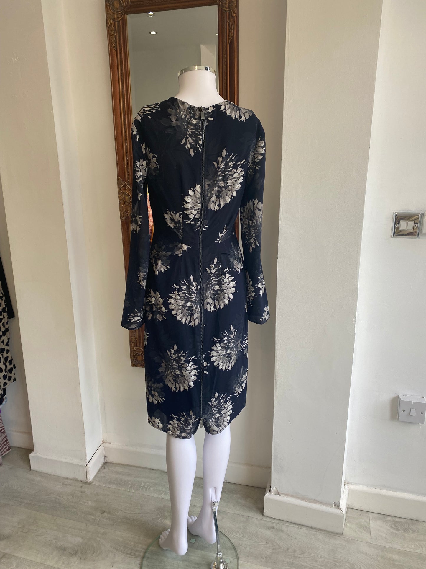 Whistles Navy Silk Dress with Floral Print Size 10