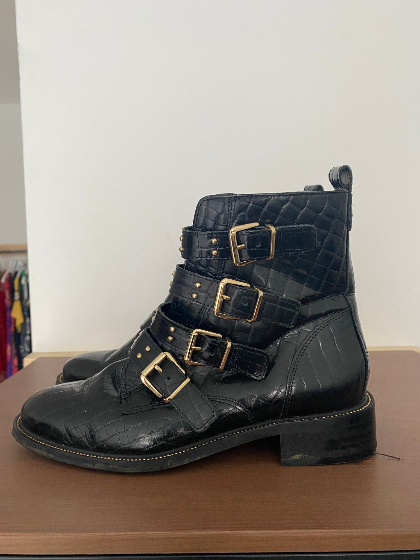 Carvella Black Leather Buckle Ankle Boots Size 7