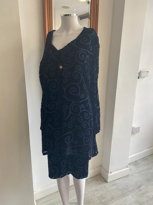 Grace Collection Dark Blue Velvet Swirl Design Dress and Jacket Set Size 10