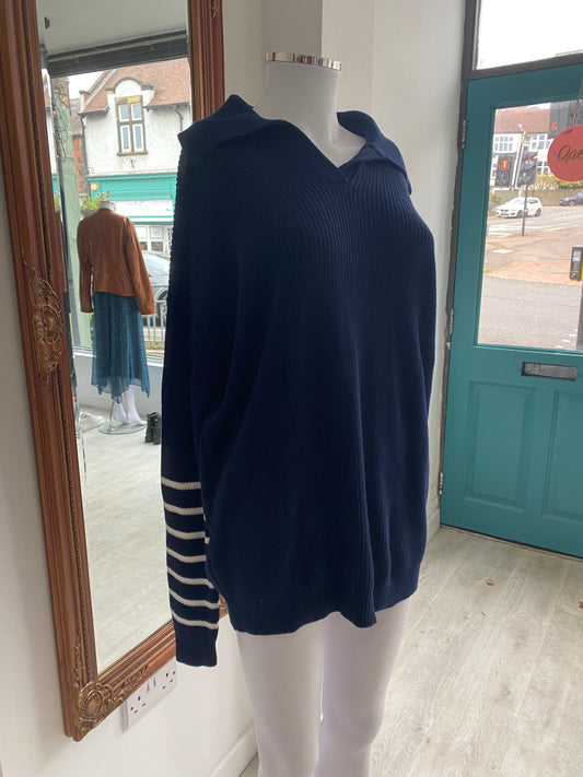 Laura Jackson Navy Jumper with Striped Sleeves Size Small 10-12