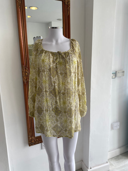 John Lewis Green and Beige Linen Printed Top Size 12