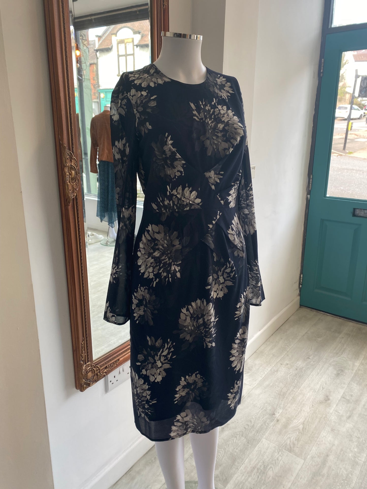 Whistles Navy Silk Dress with Floral Print Size 10