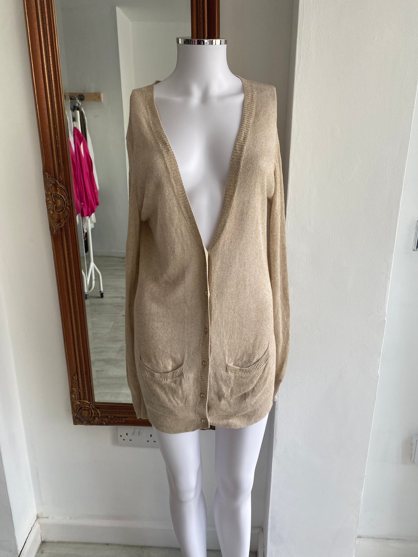 Reiss Beige Cardigan with Gold Threads Size Medium 12