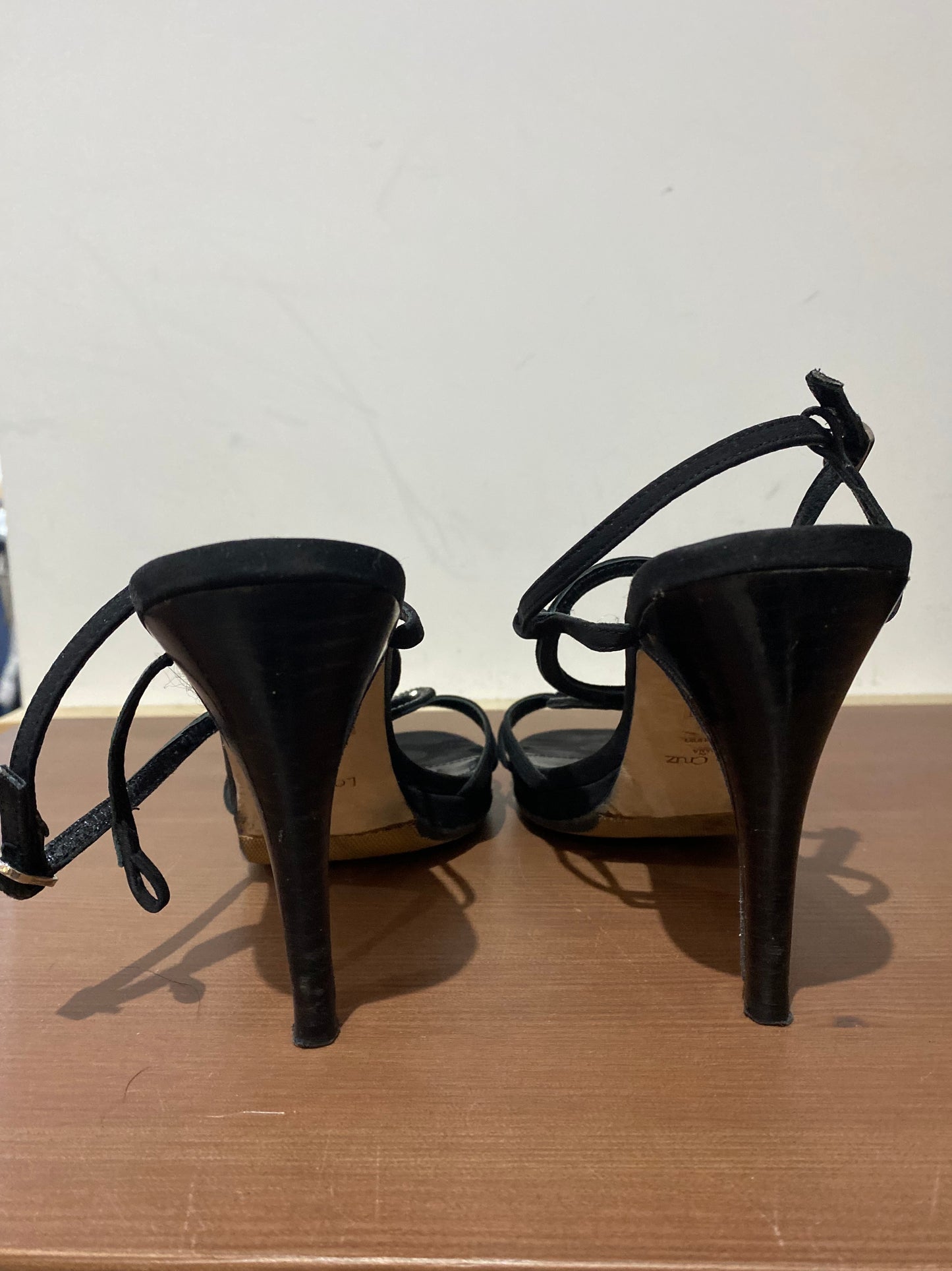 Lola Cruz Black Fabric Heeled Sandals with Diamante Circles Size 6