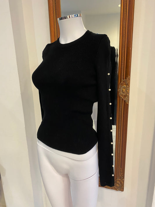 Zara Black Knit Ribbed Top with Pearl Detailing Size Small 6-8