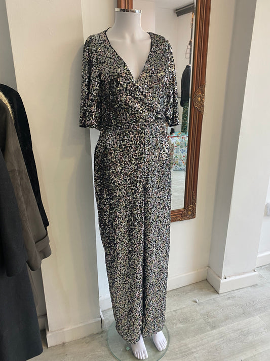 Oliver Bonas Sequin Silver Jumpsuit New with Tags Size 8